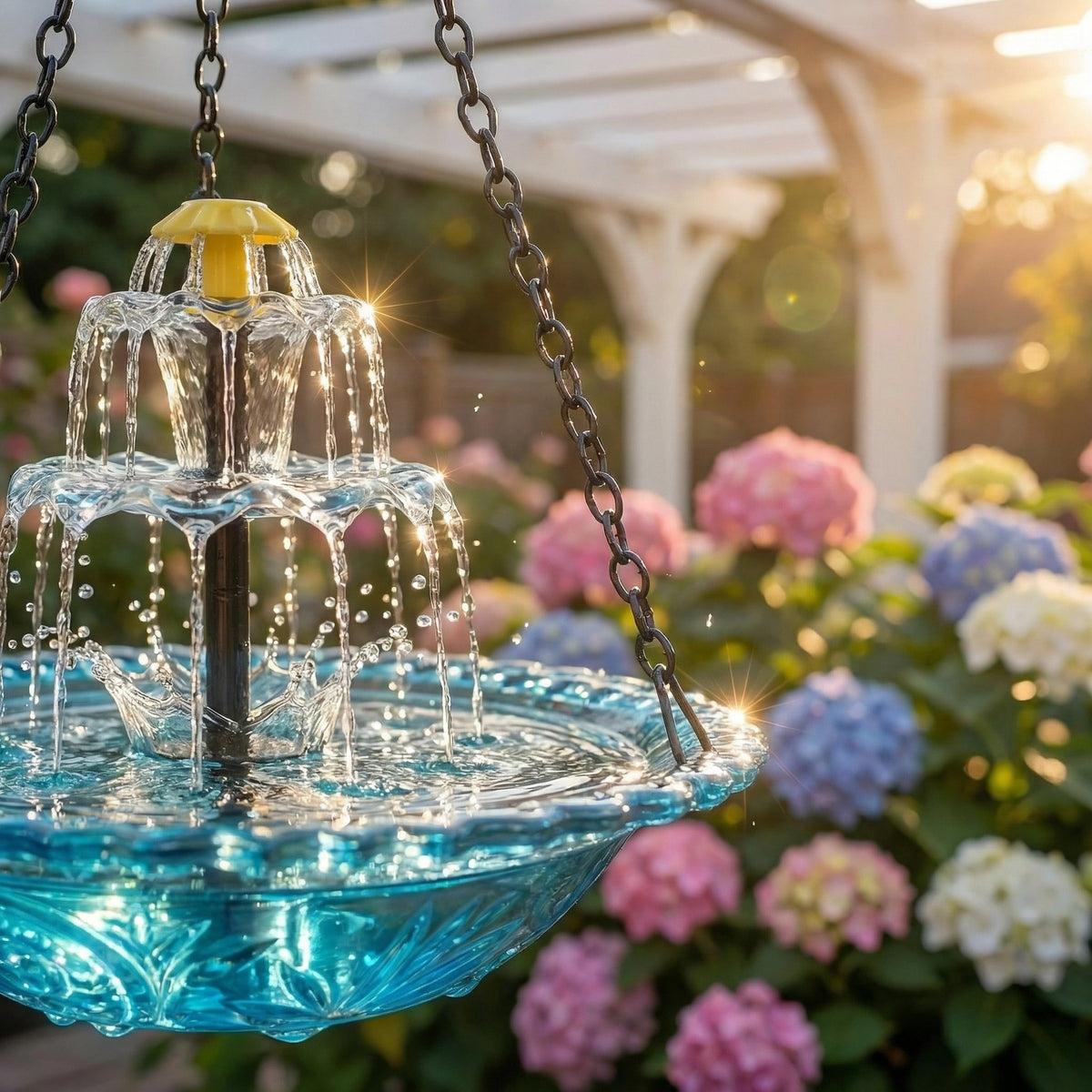 Solar-Powered Hanging Bird Bath with Fountain | Glass Bowl | Two-Tier | Aquavio