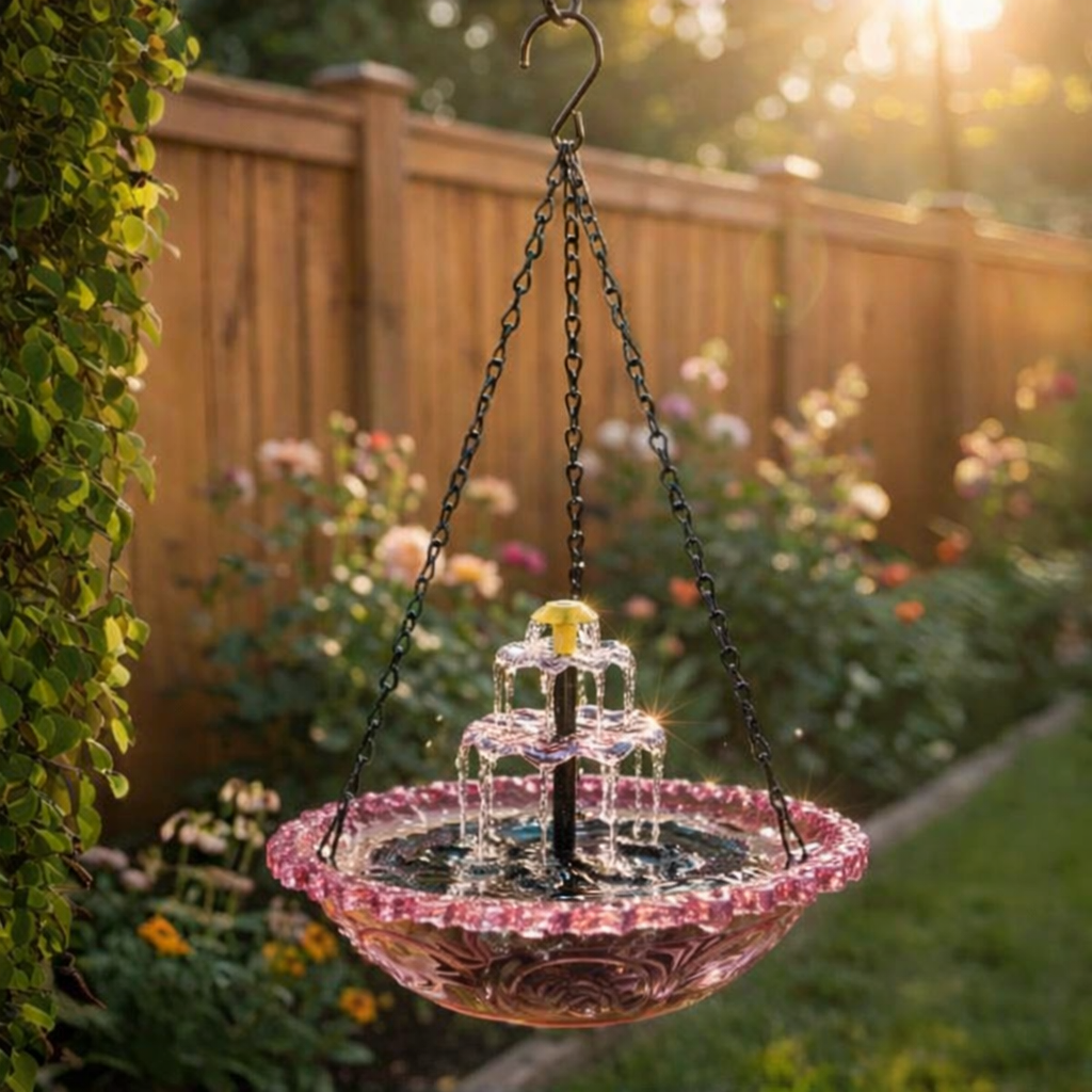 Solar-Powered Hanging Bird Bath with Fountain | Glass Bowl | Two-Tier | Aquavio