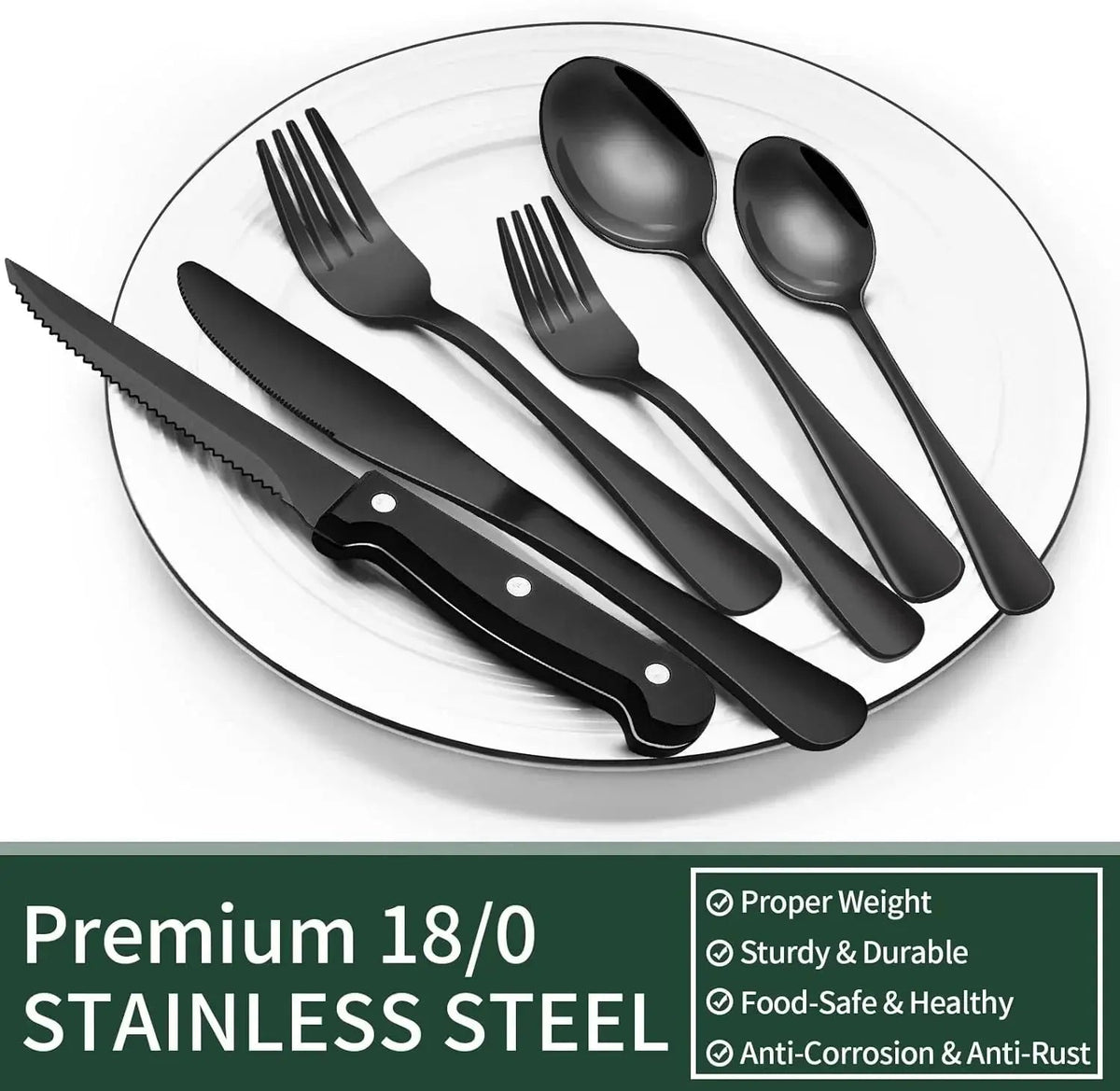 Cutlery Set | 24-Piece Matte Black Design | Includes Steak Knives | CutleryCraft