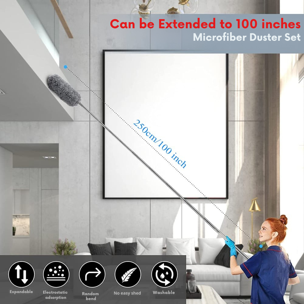 Telescopic Microfiber Duster | Flexible Head & Washable | Extendable to 250 cm