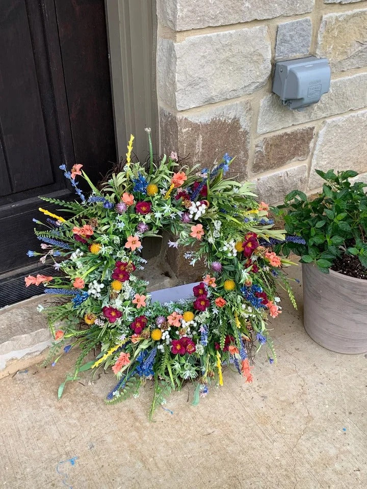 Front Door Decorative Wreath | Texas Wildflower Design | Silk Flowers on Grapevine Base | 16-inch
