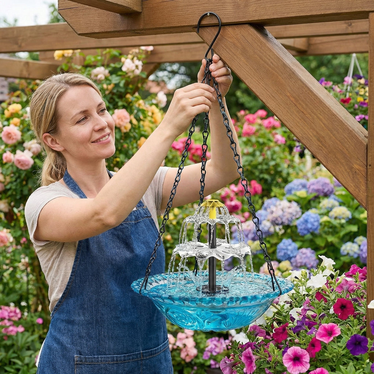 Solar-Powered Hanging Bird Bath with Fountain | Glass Bowl | Two-Tier | Aquavio