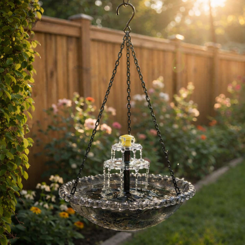 Solar-Powered Hanging Bird Bath with Fountain | Glass Bowl | Two-Tier | Aquavio